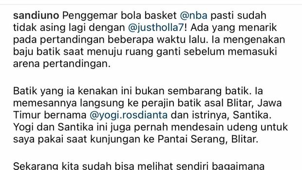 sandiaga memposting batik blitar pesana justin holiday