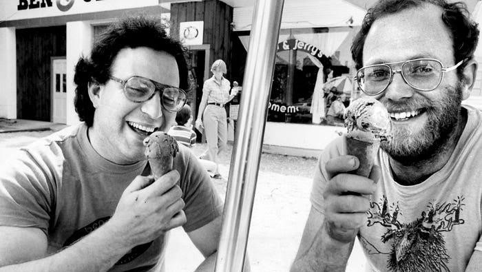Greenfield and Cohen at their ice cream stand in Burlington, Vermont. Photo by Ted Dully/The Boston Globe via Getty Images
