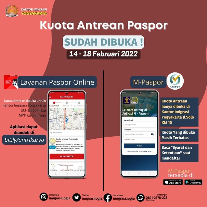 Kantor Imigrasi Yogyakarta membuka kuota antrean paspor untuk tanggal 14-18 Februari 2022.