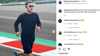 7. Fabio Quartararo: Fabio sedang berlari di sirkuit Mandalika merupakan postingan terbarunya yang sudah meraih 114 ribu Like sejauh ini. Foto: Instagram