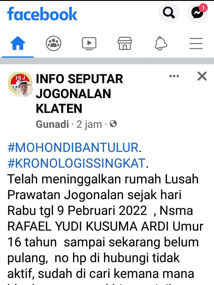 Pelajar SMAN 1 Jogonalan, Klaten, Rafael Yudi Kusuma Ardi, hilang sejak Rabu (9/2/2022).