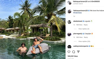 5. Fabio Quartararo: Menikmati lombok dengan berenang, Fabio Quartararo di foto ini meraup 189 ribu Like. Foto: Instagram