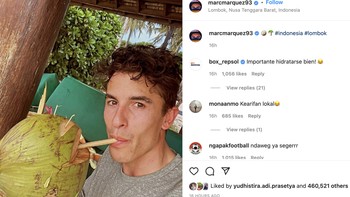 3. Marc Marquez: Foto terbaru Marquez di Lombok adalah meminum air kelapa yang langsung ranking 3 paling banyak Like dengan 460 ribu Like. Foto: Instagram