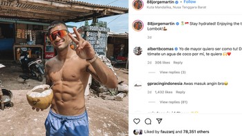 13. Jorge Martin: Jorge Martin juga menikmati buah kelapa dan berhasil meraih 78 ribu Like sejauh ini. Foto: Instagram
