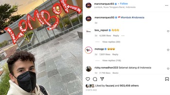 1. Marc Marquez: Marc Marquez langsung memamerkan foto kedatangannya di Lombok. Dengan popularitasnya dan kecepatan upload, foto ini paling banyak di-Like dibandingkan foto lain pebalap MotoGP di Lombok, sejauh ini meraup 903 ribu. Foto: Instagram