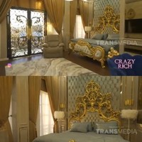 Rumah dengan desain mediterania modern ini didesain langsung oleh Shella Saukia. Kamar utamanya mengusung tema glamour, mewah dan klasik. Terlihat gorden bernuansa gold dan interior mewah. Foto: Dok. Youtube Trans TV Official.