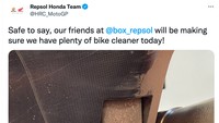 Nasib serupa dialami tim balap Honda. Repsol Honda mengunggah bagian motor balap RC213V yang baru dipakai menjajal trek Sirkuit Mandalika. (Foto: screenshot Twitter @HRC_MotoGP)
