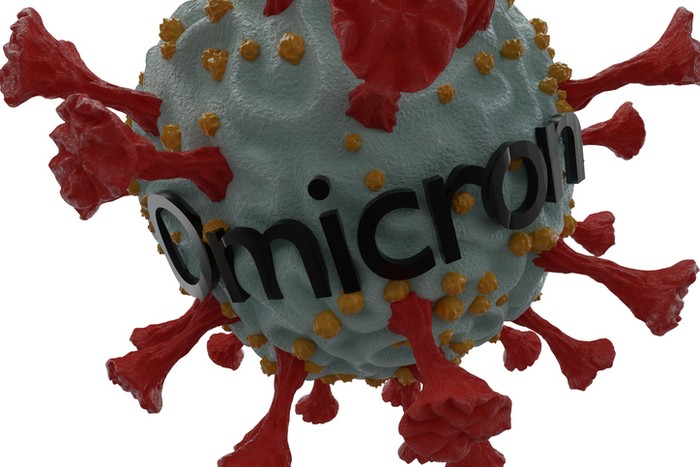 3D render of a new strain of coronavirus. Omicron variant of COVID. New strain of coronavirus B.1.1.529 found in Africa and around the world.