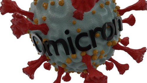 3D render of a new strain of coronavirus. Omicron variant of COVID. New strain of coronavirus B.1.1.529 found in Africa and around the world.