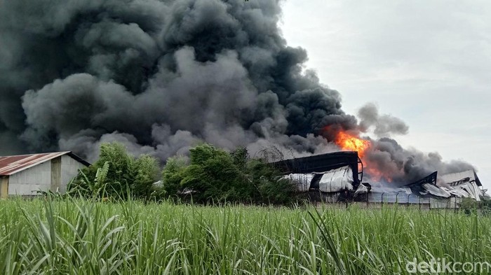 Penampakan Kobaran Api Lahap Pabrik Plastik di Pati Pabrik Starindo Jaya di Jalan Pati-Kudus, Desa Wangunrejo, Margorejo, Kabupaten Pati, terbakar, Sabtu (12/2). Belasan mobil pemadaman kebakaran dikerahkan untuk proses pemadaman.