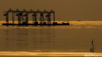 Warna kekuningan mendominasi pemandangan matahari terbit yang terlihat menawan saat dilihat dari Pantai Maju, kawasan Pantai Indah Kapuk, Jakarta Utara.