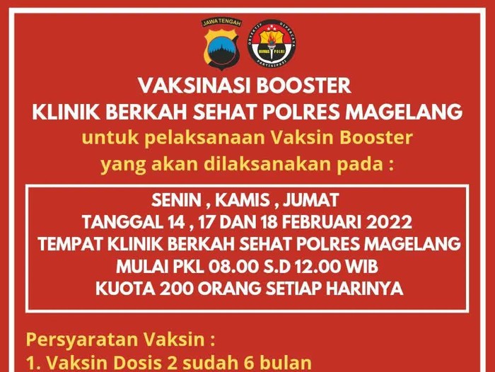 Informasi jadwal vaksinasi booster yang digelar Polres Magelang, Minggu (13/2/2022).