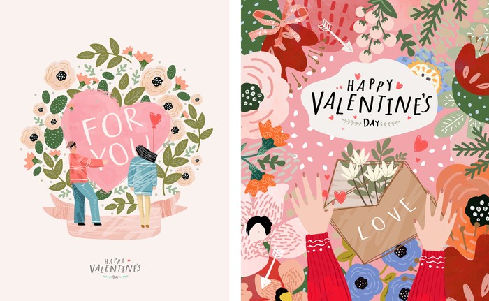 Valentines day, February 14. Vector illustrations of love, couple, heart, valentine, king, queen, hands, flowers. Drawings for postcard, card, congratulations and poster.