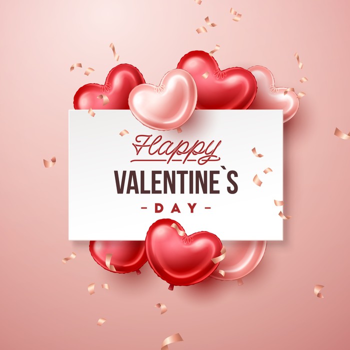 Happy Valentines Day vector background with hands holdind gift. Illustration in flat style