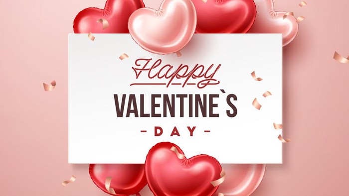 Happy Valentines Day vector background with hands holdind gift. Illustration in flat style