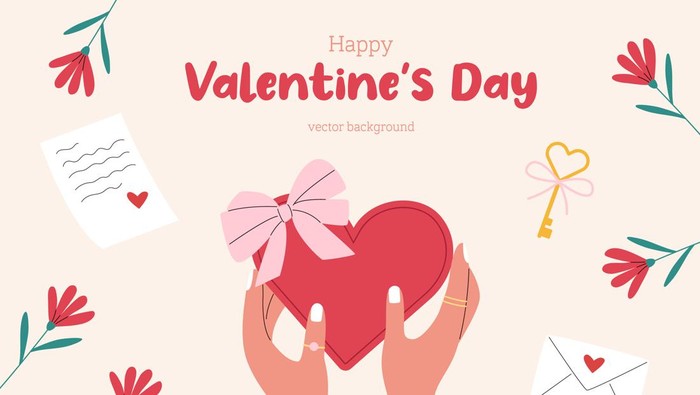 Happy Valentines Day vector background with hands holdind gift. Illustration in flat style