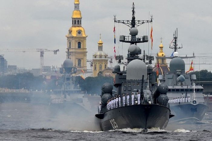 Russian Navy warships take part in the Navy Day parade in St. Petersburg on July 25, 2021. (Photo by Olga MALTSEVA / SPUTNIK / AFP)