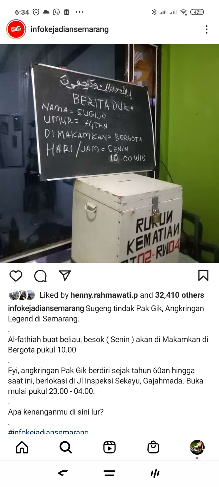 Papan berisi pengumuman wafatnya pedagang angkringan legendaris asal Semarang, Pak Gik.