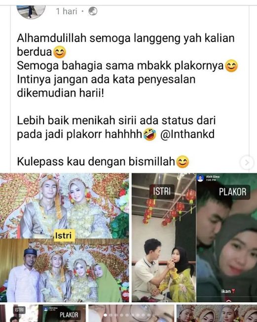 Istri sah mengunggah pelakor di media sosial.