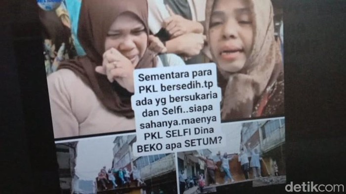 Kolase foto viral emak-emak berfoto ria di atas lahan gusuran PKL di Sukabumi