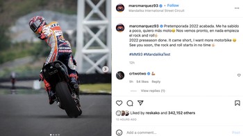 “Pre season 2022 sudah selesai. Singkat sekali, saya masih ingin balapan. See u soon,” tulis Marc Marquez. Foto: Instagram