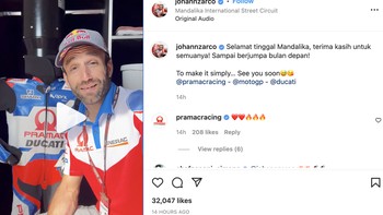 Johan Zarco bahkan memajang tulisan dalam bahasa Indonesia. “Selamat tinggal Mandalika, terima kasih untuk semuanya! Sampai berjumpa bulan depan!” tulisnya. Foto: Instagram