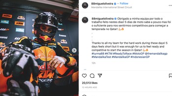 “Terima kasih pada seluruh tim atas kerja kerasnya selama beberapa hari ini. Lima hari terasa singkat tapi cukup untuk kita siap dan komptitif untuk mengawali musim di Qatar,” tulis Miguel Oliviera. Foto: Instagram