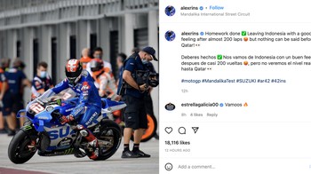 “PR sudah selesai. Meninggalkan Indonesia dengan perasaan bagus setelah hampir 200 lap,” sebut Alex Rins di feed Instagram-nya. Foto: Instagram