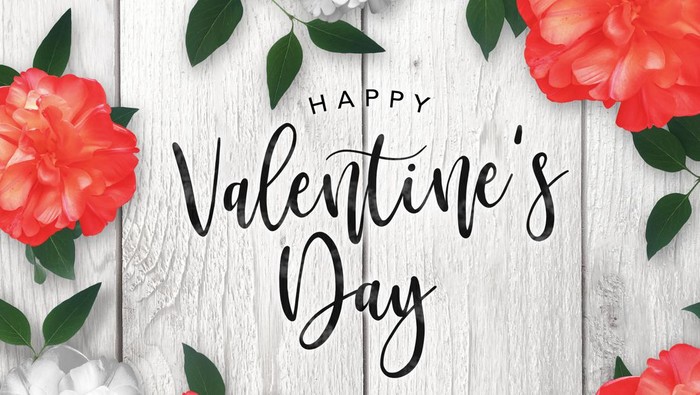 Happy Valentines Day Celebration Text Over Red Roses Border with Rustic Whitewashed Wood Background
