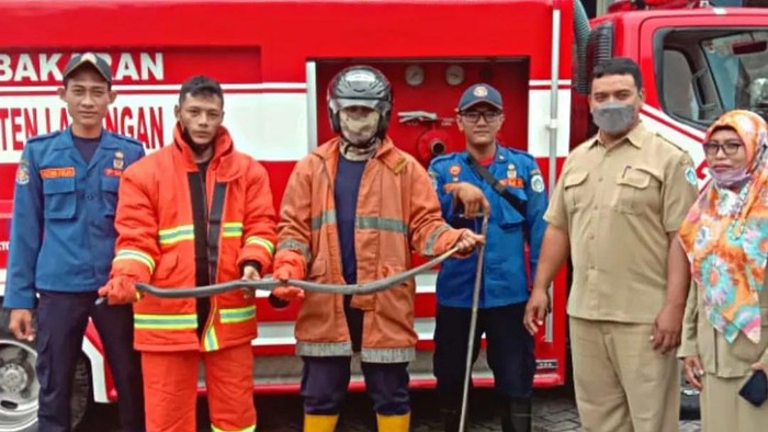 Seekor ular kobra ditemukan di gudang SD Muhammadiyah 2 Babat. Kini ular tersebut sudah ditangkap oleh petugas Damkar Lamongan.