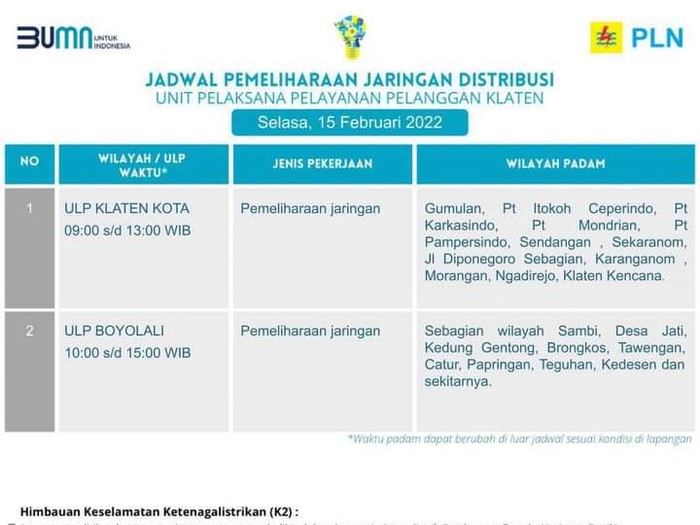 Jadwal pemadaman listrik Klaten dan Boyolali, Selasa (15/2/2022).