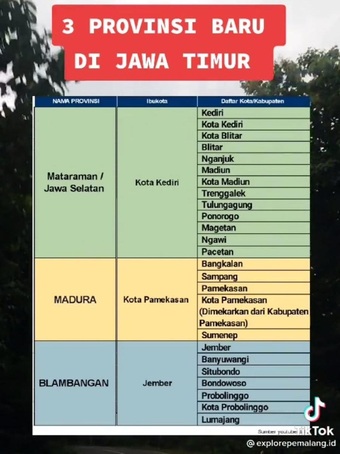 Beredar video yang menampilkan daftar 3 provinsi baru di Jawa Timur. Video tersebut beredar di TikTok.