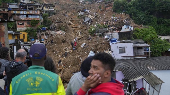 APTOPIX Brazil Deadly Rains An aerial view shows neighborhood affected by landslides in Petropolis, Brazil, Wednesday, Feb. 16, 2022. Heavy rains set off mudslides and floods in a mountainous region of Rio de Janeiro state, killing multiple people, authorities reported. (AP Photo/Silvia Izquierdo