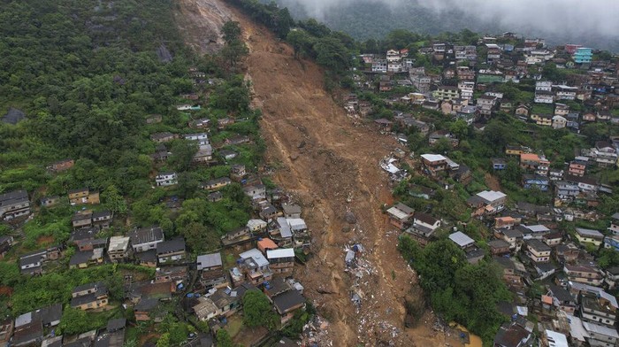 APTOPIX Brazil Deadly Rains An aerial view shows neighborhood affected by landslides in Petropolis, Brazil, Wednesday, Feb. 16, 2022. Heavy rains set off mudslides and floods in a mountainous region of Rio de Janeiro state, killing multiple people, authorities reported. (AP Photo/Silvia Izquierdo