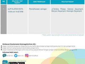 Listrik di Klaten Kota Padam Hari Ini, Simak Jam dan Lokasinya