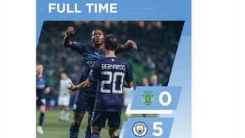 Akun Twitter Manchester City merayakan kemenangan besar atas Sporting Lisbon. Foto: Twitter