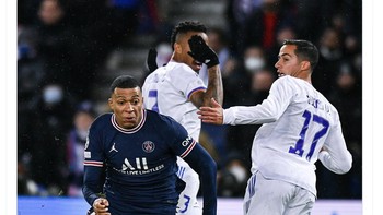 Kylian Mbappe menjadi pahlawan kemenangan PSG dengan gol di menit ke-95. Ia mengelabui bek Madrid dalam prosesnya sehingga bikin netizen terkesan. Foto: Twitter
