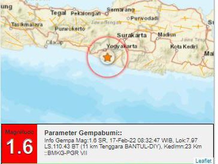 Gempa M 1,6 terjadi di Bantul, Kamis (17/2/2022).