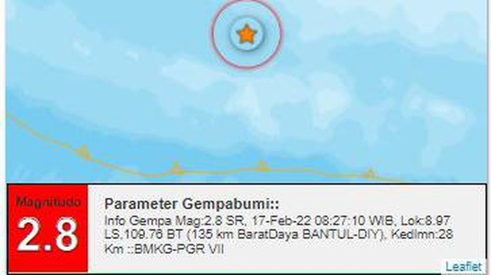 Gempa M 2,8 terjadi di laut selatan Bantul, Kamis (17/2/2022).