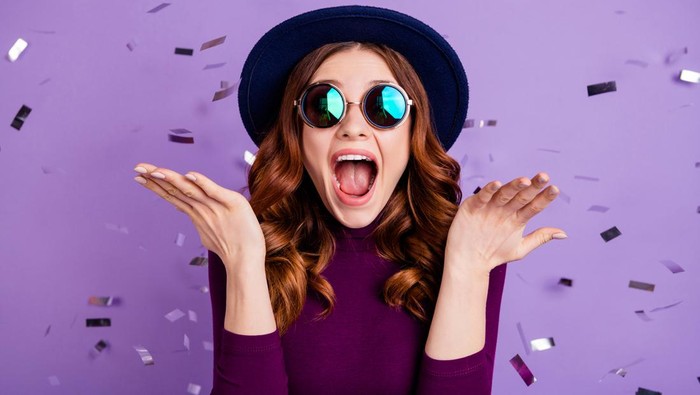 Close up photo of lovely, vintage student shouting isolated over purple background