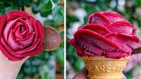 Es krim bentuk bunga mawar berwarna merah ini sayang untuk dikonsumsi. Tampilannya cantik mirip bunga asli. Bisa buat hadiah kekasih. Foto: Brightside