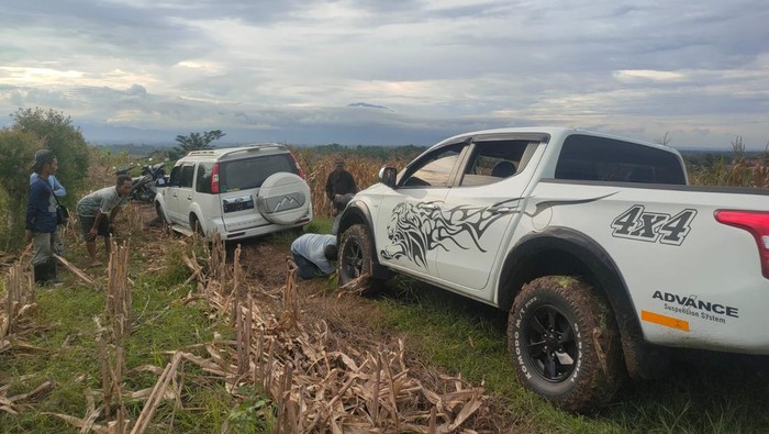 mobil terjebak di tengah sawah