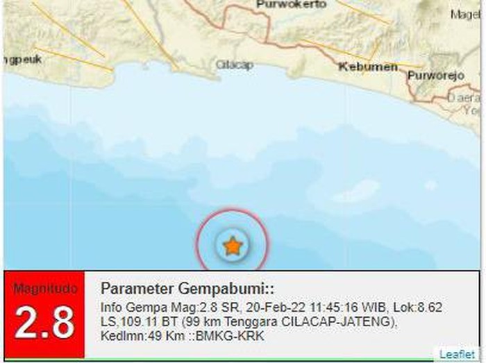 Gempa di perairan Cilacap, Jateng, Minggu (20/2/2022).