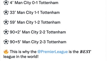 Seru sekali laga antara City dan Spurs. Ini sebabnya Liga Inggris adalah liga terbaik di dunia, klaim akun ini. Foto: Twitter