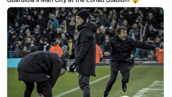 Antonio Conte menjadi pelatih Spurs pertama yang berhasil melibas City yang dilatih Pep Guardiola di kandangnya. Foto: Twitter