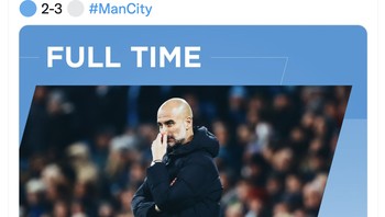 Akun Twitter City mengumumkan kekalahan mereka dengan memajang wajah suram Pep. Foto: Twitter