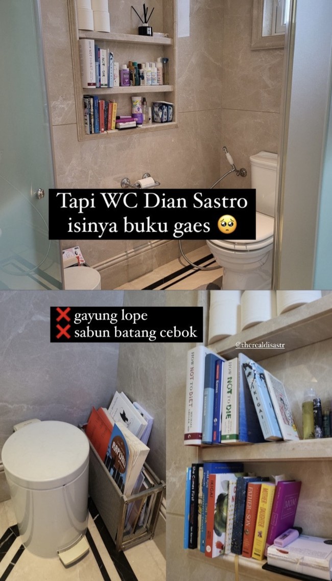 Kamar mandi Dian Sastrowardoyo sontak menjadi sorotan lantaran memuat koleksi bukunya. Sang aktris biasa menghabiskan waktunya di sana untuk mendalami peran selama proses syuting. Foto: dok. Instagram @biasalahanakmuda