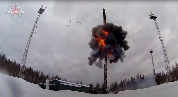 A Russian Yars intercontinental ballistic missile is launched during the exercises by nuclear forces in an unknown location in Russia, in this still image taken from video released February 19, 2022.  Russian Defence Ministry/Handout via REUTERS  ATTENTION EDITORS - THIS IMAGE WAS PROVIDED BY A THIRD PARTY. NO RESALES. NO ARCHIVES. MANDATORY CREDIT.