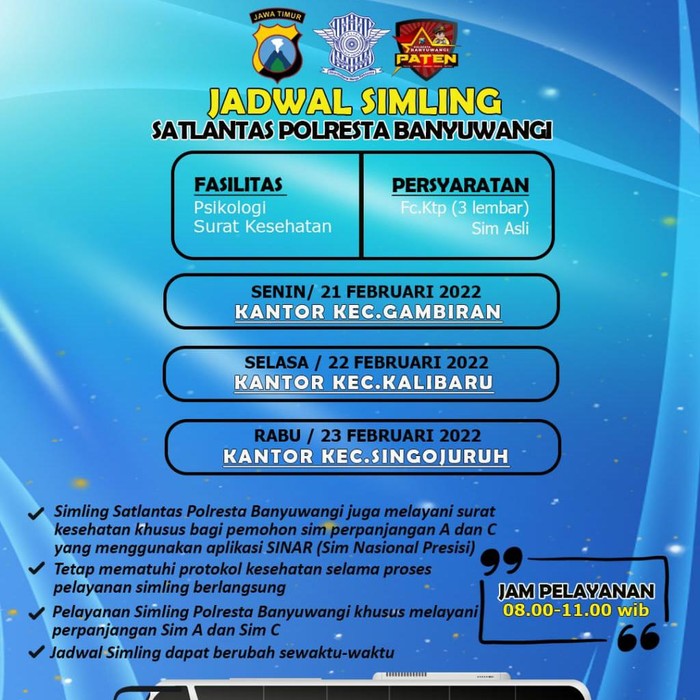 Ada kabar gembira bagi warga Banyuwangi yang hendak mengurus perpanjangan SIM. Berikut jadwal SIMLING di Banyuwangi: