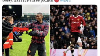 Paul Pogba merayakan kemenangan MU di Twitter. Semangat tim yang hebat hari ini, tulisnya. Foto: Twitter